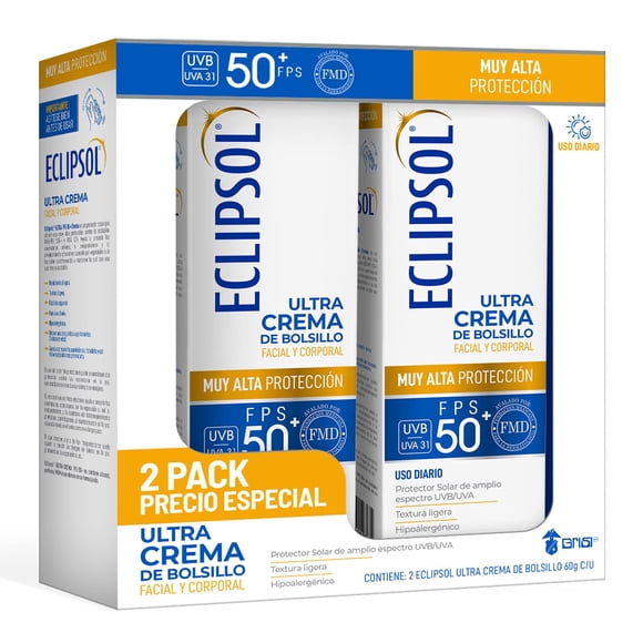 Eclipsol Ultra Crema Protector Solar Facial y Corporal FPS50+, Hipoalerg&eacute;nico, Textura Ligera y Resistente al Agua, Uso Diario para Toda la Familia, 2 Pack de 60g c/u