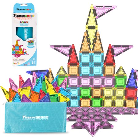 PicassoTiles 67PCS Nano Magnetic Tile Travel Size Mini Portable Building Blocks Playset with Storage Bag STEM Educational Toy for Kids