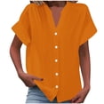 thumbnail image 2 of EWASWON Women's Short-Sleeve V-Neck Button-Up Blouse – Stretchy Polyester-Spandex Casual Shirt for Summer, Parties & Work (S-XXL),Orange,L, 2 of 6