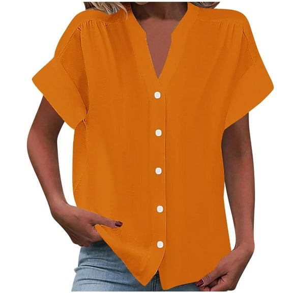 Quinlirra Button up Shirts for Women Short Sleeve Solid Color V-Neck Spring/Summer Basic Shirt Casual Comfortable Everyday Wear