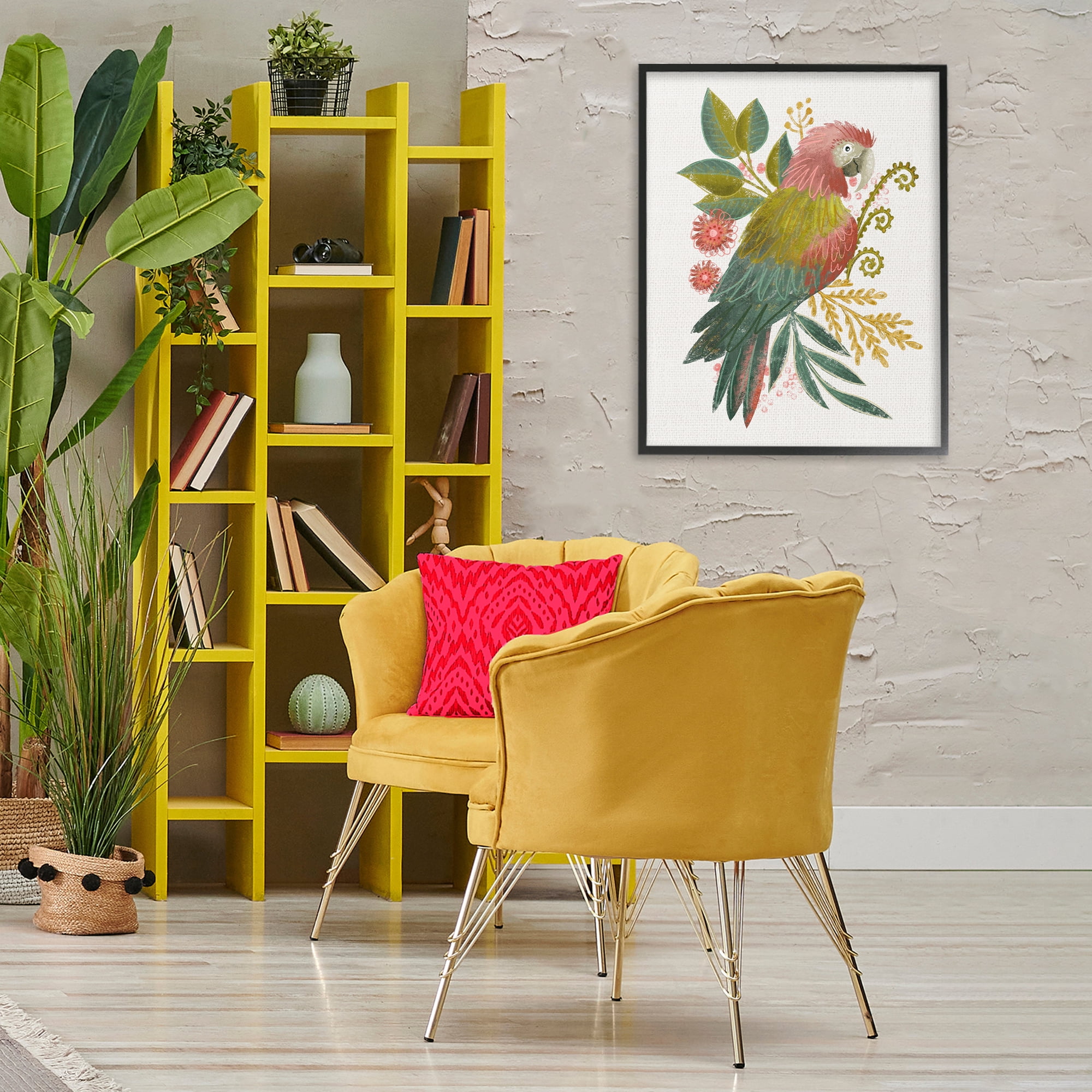 Stupell Industries Parrot with Eclectic Leaves Animals & Insects Painting Black Framed Art Print Wall Art, 24 x 30