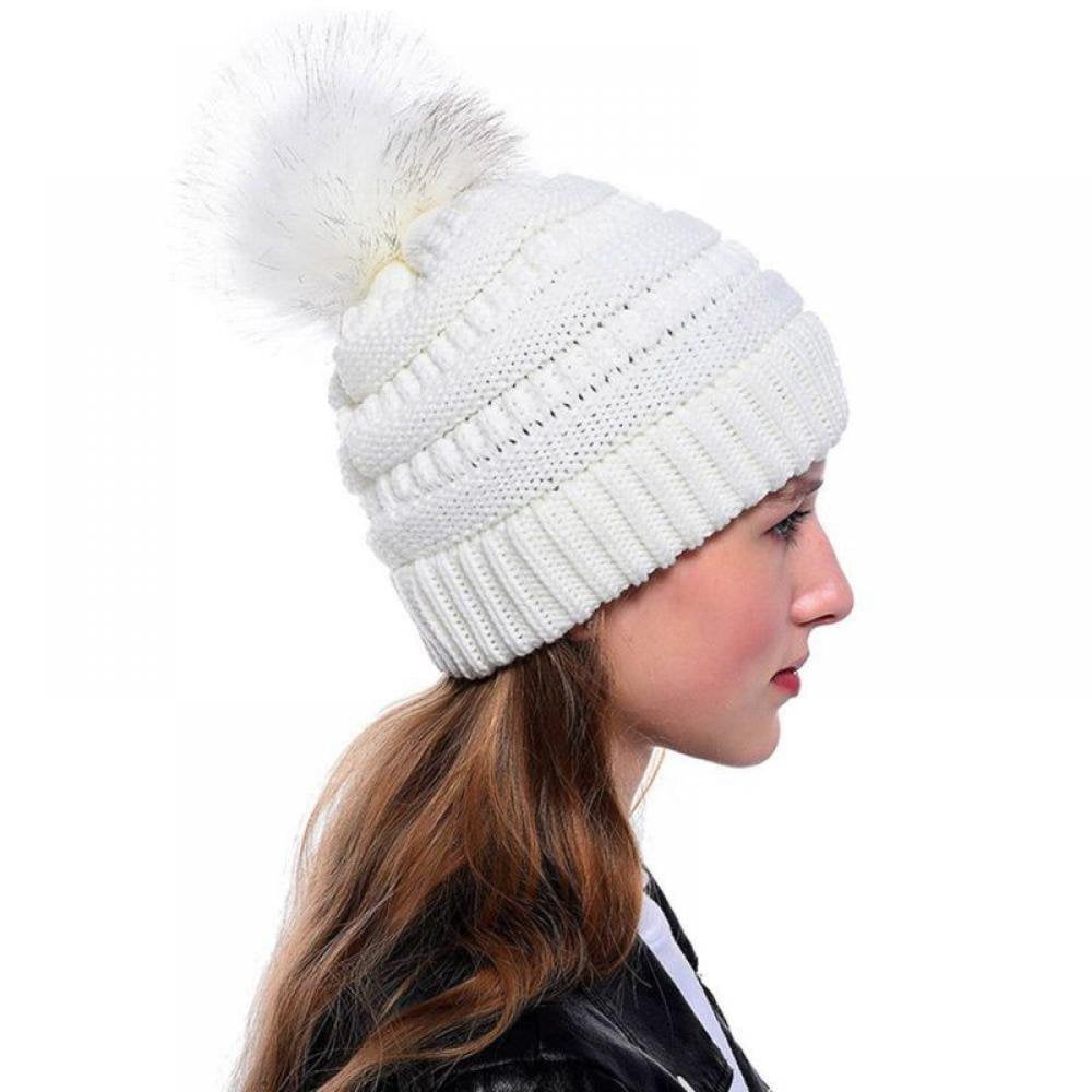 Women Knit Slouchy Beanie Chunky Baggy Hat with Faux Fur 