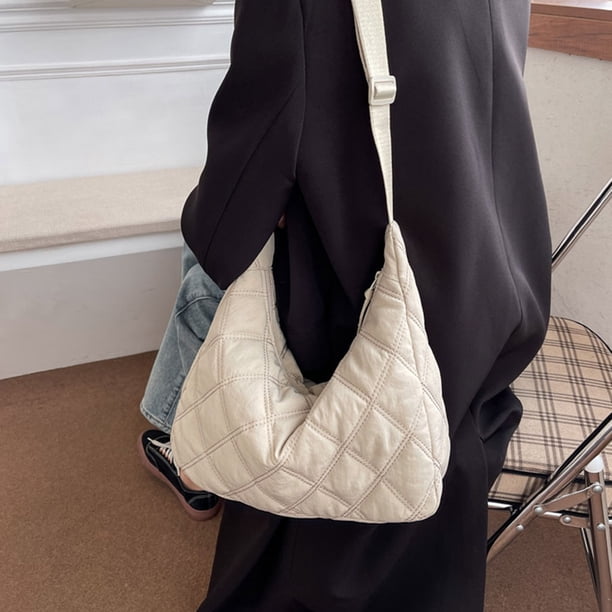 Bolso Bolso bandolera acolchado de nailon y algodón para mujer, bandolera de hilo de celosía (beige)