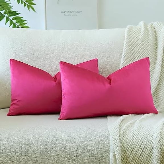 Eryueer Set of 2 Velvet Soft Solid Cushion Covers 30x50 cm Decorative Throw Pillow Covers Soft Lumbar Cushion Case Couch Home Decor Throw Pillow Cases for Sofa Bedroom 12x20 Inch (Hot Pink)