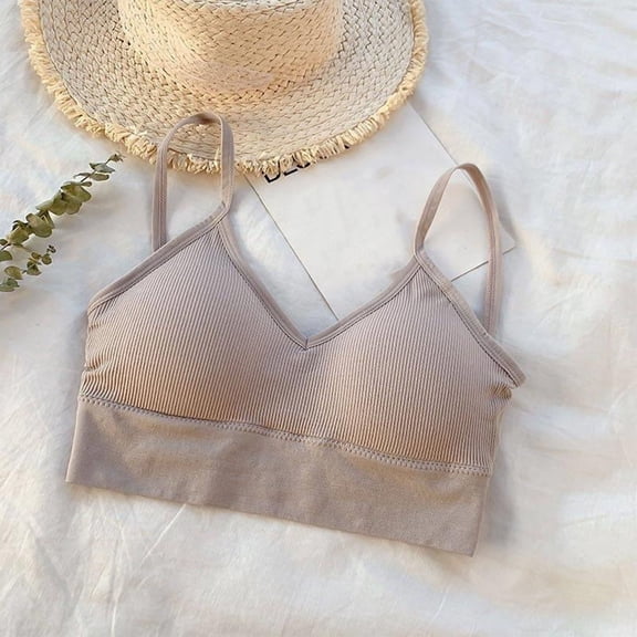 Seamless Sports Bras for Women Wireless Padded Bralettes Comfy Cami Ribbed Yoga Sleep Bra Athletic Tank Tops Khaki One Size