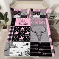 thumbnail image 2 of Homewish Tribal Sheep Skeleton Twin Sheet Sets, Pink Grey Buffalo Checkered Twin Fitted Sheet, Rustic Western Hunting Flat Sheet, Lightweight Room Decor, 3pcs, 2 of 7
