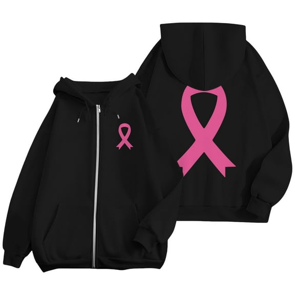 ZSQDM Women's Hoodies Sweatshirts Hoodies for Women Zip Up Breast Cancer Awareness Hoodies for Women Ribbon Graphic Full Zip Up Sweatshirt Oversized Fleece Jackets Clothes Polyester (L)