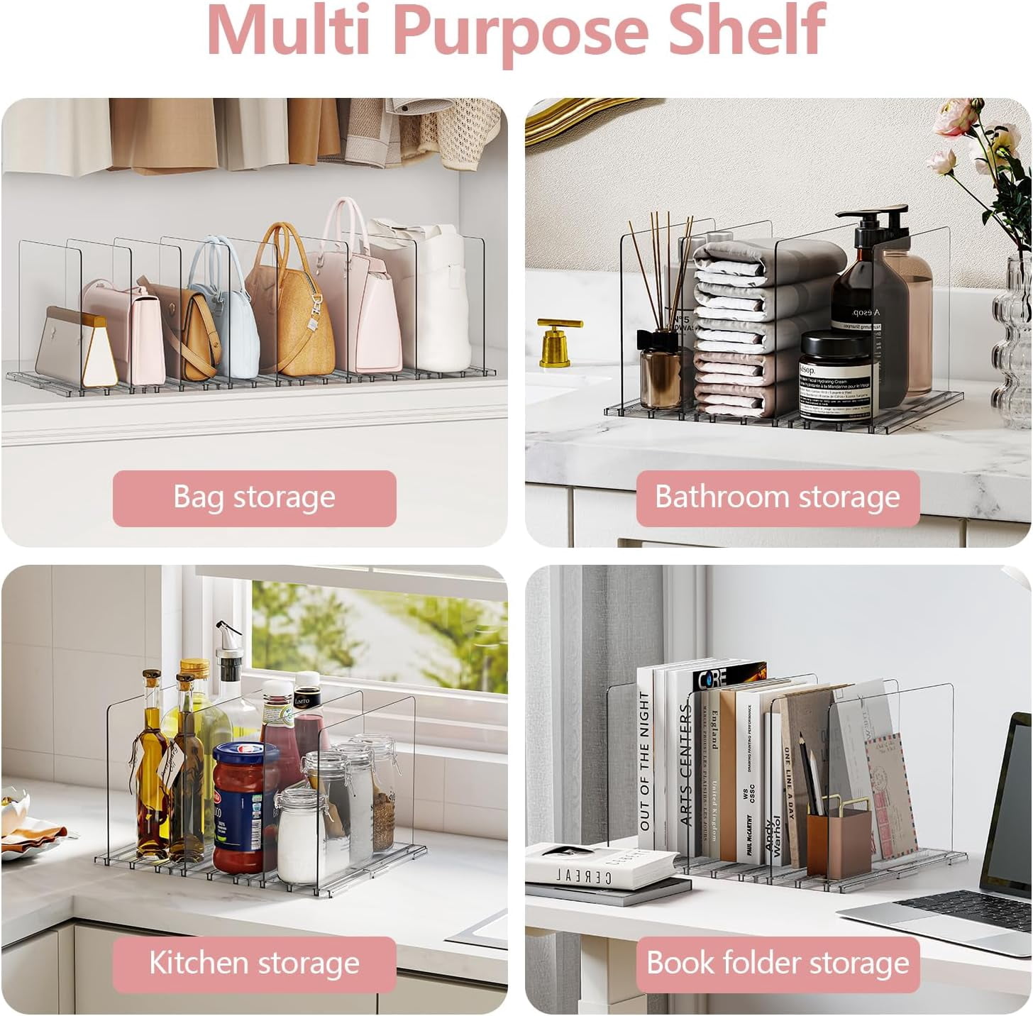 Yecaye 8-Pack Clear Purse Handbag Organizers, Adjustable Acrylic Shelf Dividers for Closet