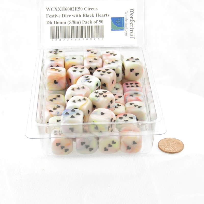 Circus Festive Dice with Black Hearts D6 16mm (5/8in) Pack of 50 Wondertrail