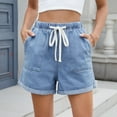 thumbnail image 2 of Mohiass Jean Shorts for Women Drawstring Elastic High Waist Roll Up Hem Summer Casual Baggy Stretchy Denim Shorts Jorts 2025 Light Blue L, 2 of 6