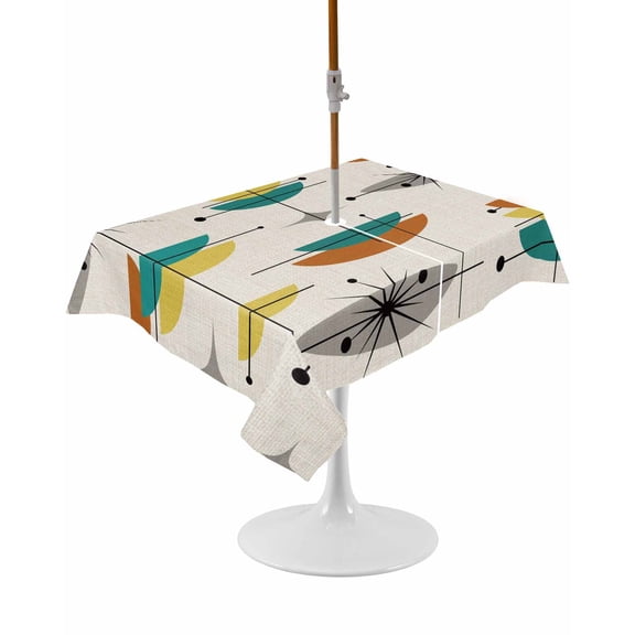 Outdoor Table Cloth with Umbrella Hole and Zipper, Teal Yellow Orange Grey Waterproof Rectangle Tablecloth 60"x84", Middle Century Geometric Washable Table Cover for Outside Party Patio Picnic