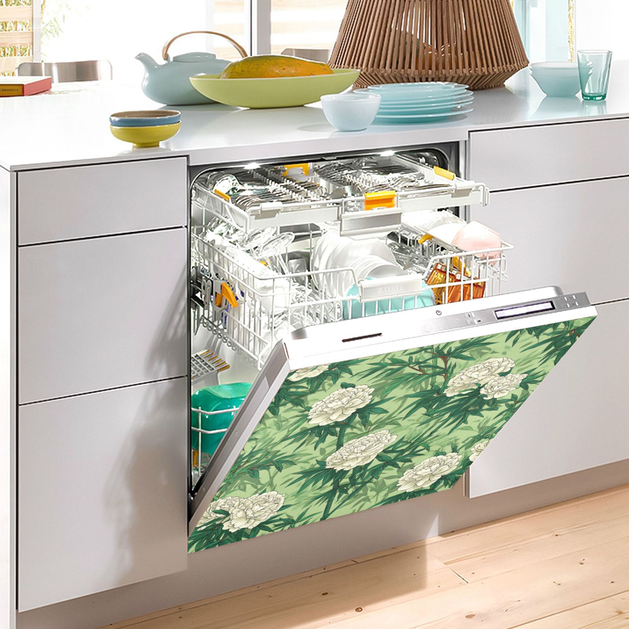 Dishwasher Magnetic Refrigerator Magnet Cover Sticker Home Decorative 23"x26" White Peony and Bamboo