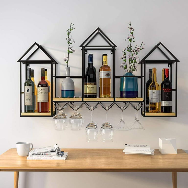 Wine Rack Wooden Wall Hanging bar Cabinet Shelf with Wall Mounted