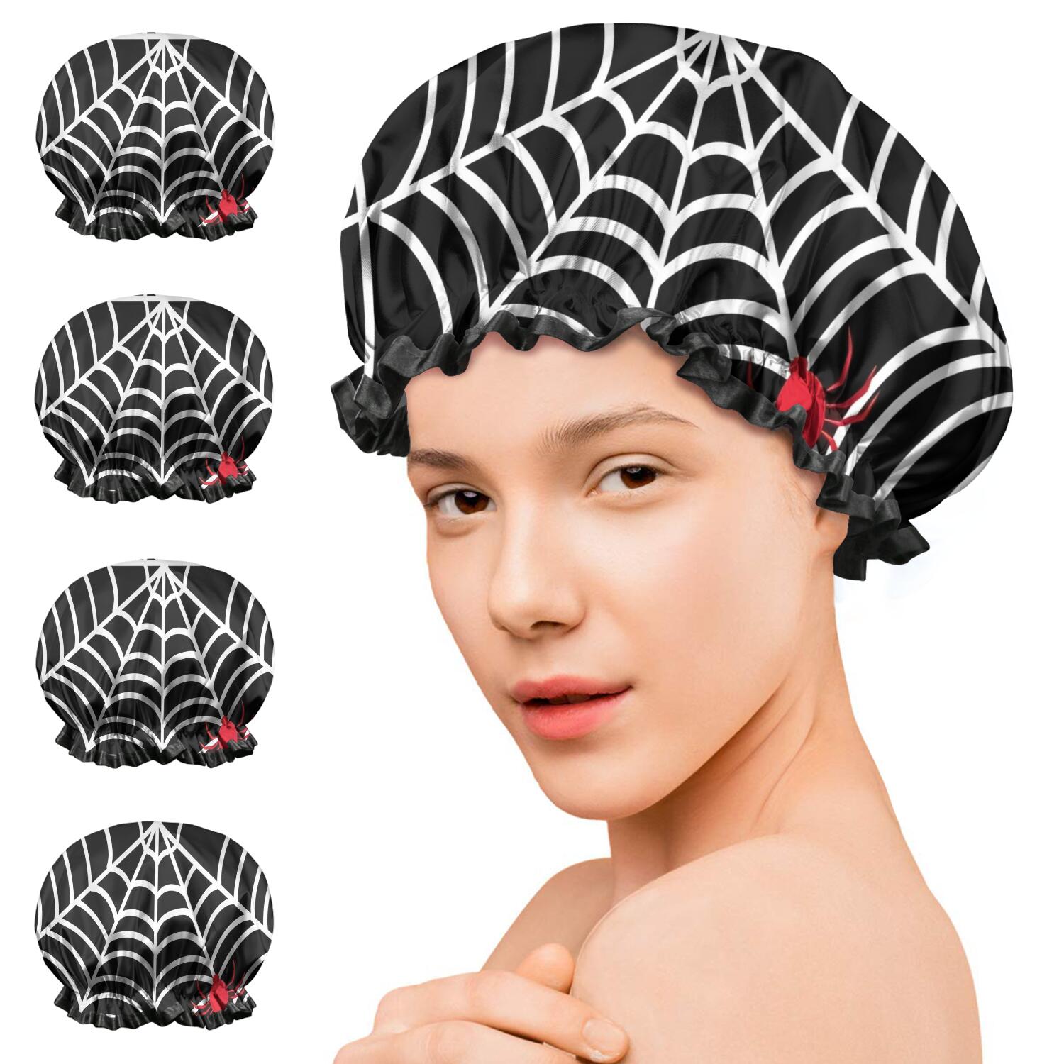 Shower Caps,Black Halloween Spider Webs Waterproof Shower Cap for Women 4 Pieces,Double Reusable Hair Cover for Shower PEVA Elastic Stretch Hem