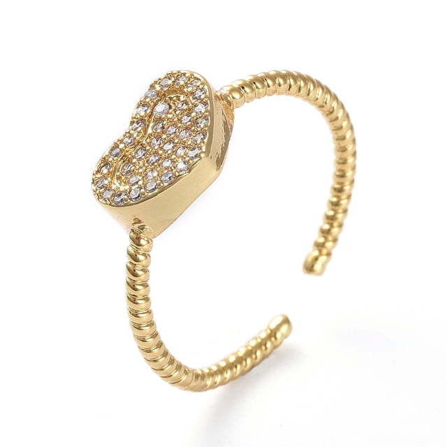 Adjustable Brass Cuff Finger Rings with Micro Pave Cubic Zirconia Heart Clear Golden Size 7 17.1mm
