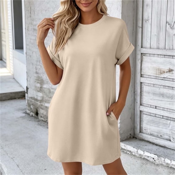 IUYRTFE Women's Short Sleeve T-Shirt Dress Round Neck Casual Pocket Loose Fit Midi Dress