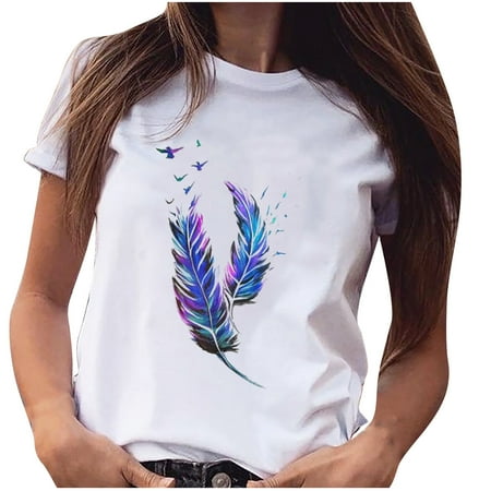 

Mrat Short Sleeve Round-Neck Blouses & Shirts Bustier Tops For Women Ladies Girls Feather Print Shirt Short Sleeve T -Shirt Blouse Tops Softstyle T Shirts Women