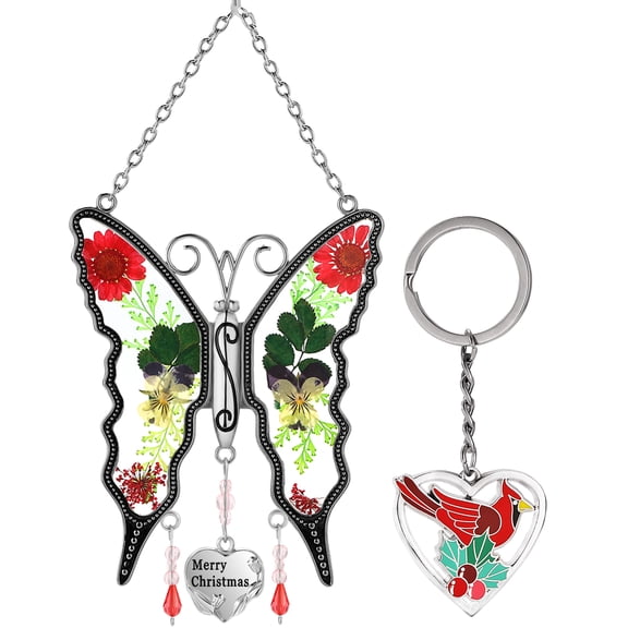KY&BOSAM Butterfly Suncatcher and Heart Cardinal Keychains, Merry Christmas & Heart Cardina Keychains, Multicolor, 1 Count