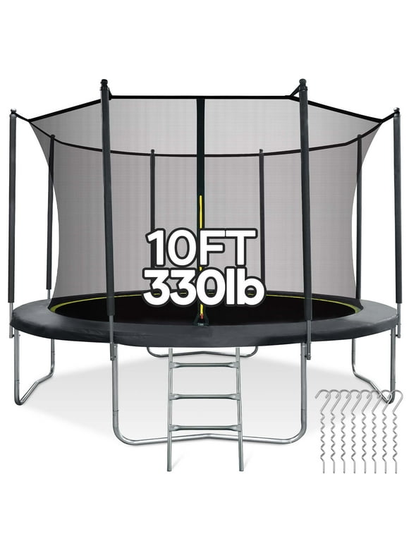 MARNUR 10FT Trampoline for Kids Outdoor Fitness Trampoline with Enclosure Net, Spring Cover, Ladder, Wind Stakes,330lbs Weight Capacity