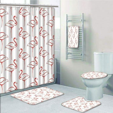 PRTAU Flamingo Flamingo Shape Outline Big Birds Caribbean Artful 5 Piece Bathroom Set Shower Curtain Bath Towel Bath Rug Contour Mat and Toilet Lid Cover