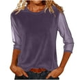 thumbnail image 2 of JGGSPWM 3/4 Mesh Sleeve Velvet Shirts for Women Dressy Loose Crewneck Office Blouse Elegant Business Casual Party Tops Purple M, 2 of 5