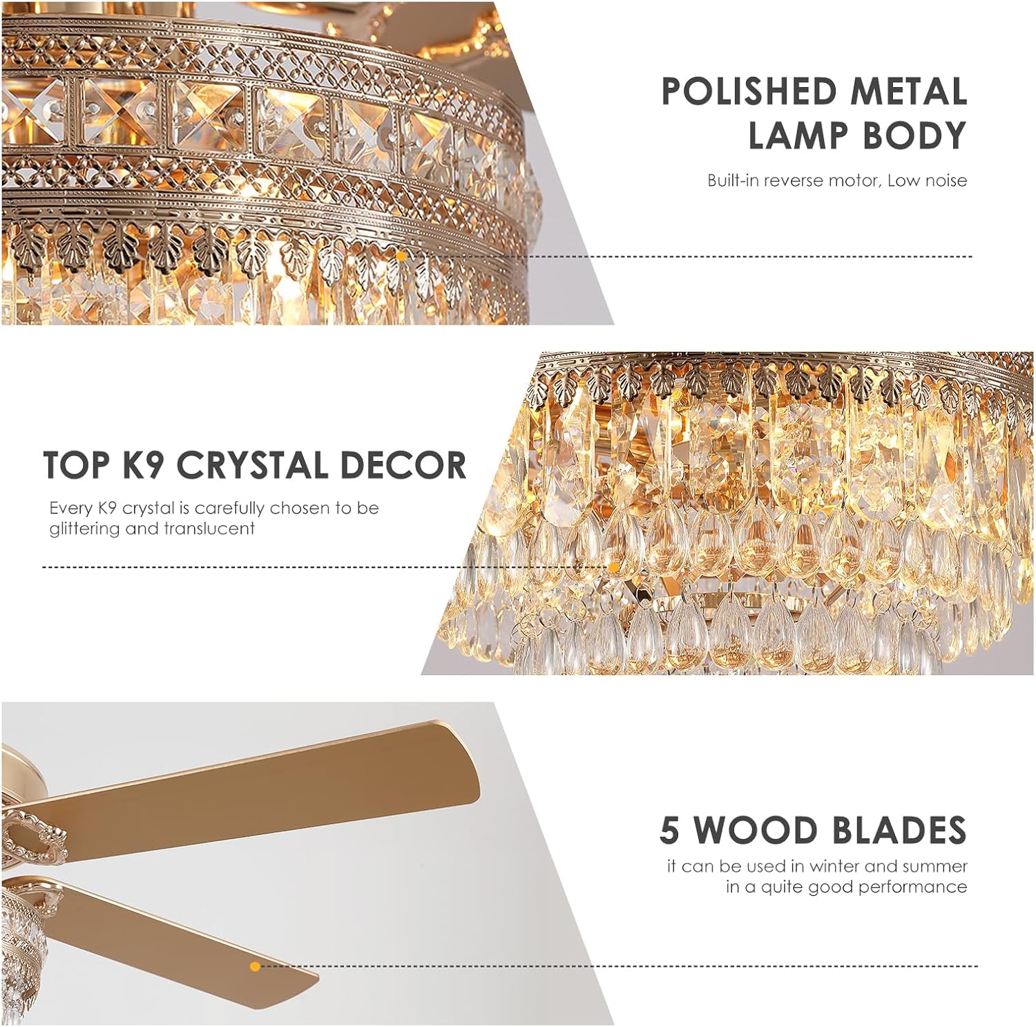 PHORUS 52" Crystal Ceiling Fan with Lights, Gold Fandelier, Remote Control, Silent AC Motor, Energy-Efficient, 3-Speed, Retro/Farmhouse Style for Living Room, Bedroom, Dining Room