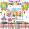 thumbnail image 2 of Juego de cubiertos desechables para fiesta de cumpleaños con diseño de arcoíris, banderines colgantes, globos y decoraciones para el fondo de cumpleaños, 2 of 3