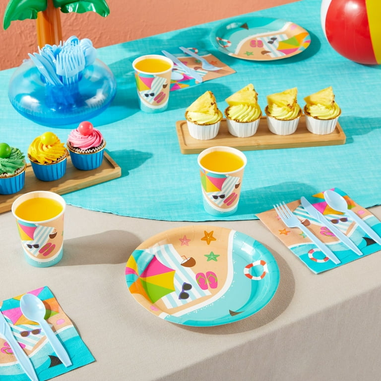 144 Piece Beach Theme Party Supplies, Summer Dinnerware Set with Plates, Napkins, Cups, and Cutlery (Serves 24), Blue