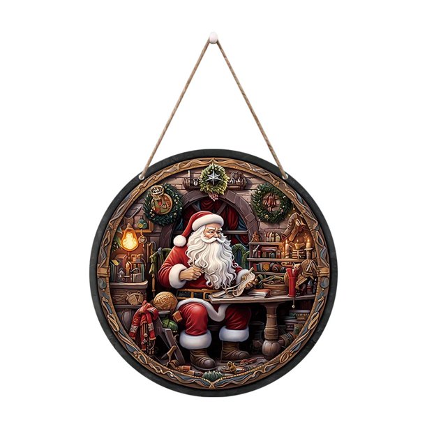 Letrero de madera con corona navideña de Papá Noel Letrero redondo de madera para colgar Decoraciones navideñas para el hogar Letrero para colgar en la pared o la puerta