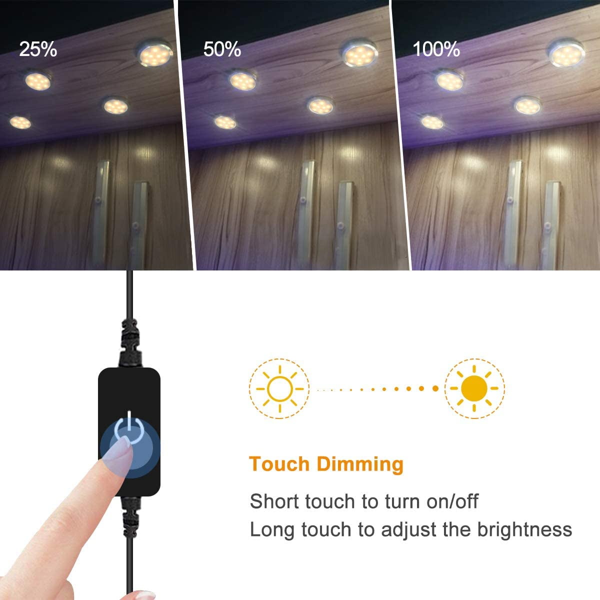JJEAN-LED Puck Lights, Under Cabinet Lighting Silver Trim, 3000K Warm White, CRI90+, Touch Dimming, All Accessories Included, Under Counter Lighting for Kitchen, Closet Lights, Safe Light, 3-Pack