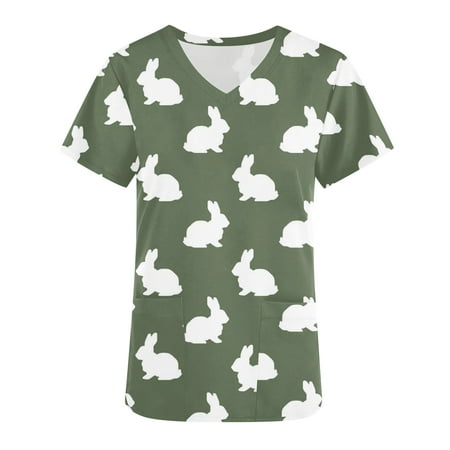 

Women s Happy Easter Day Scrub_Tops Cute Bunny Rabbit Graphic Pattern Tees Woman Short Sleeve Western Shirts Vintage V Neck Nurse Uniforms with Pockets T Shirt Lady Summer Tunic Green XXL