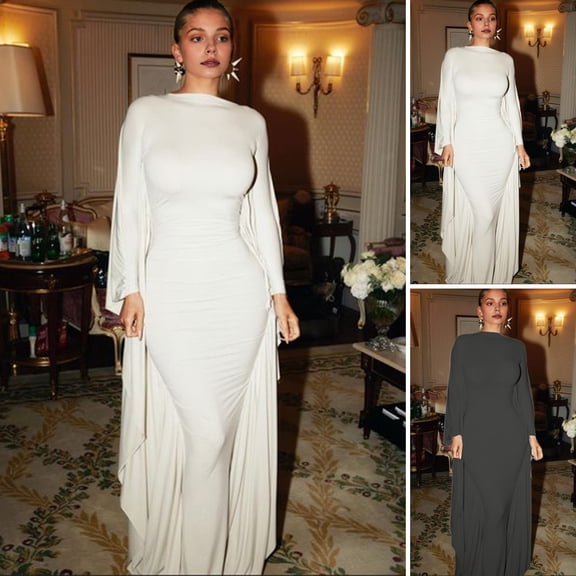BAETEUY Women Evening Dress - Dolman Sleeves Skinny Cape Type Pure Color Sheath Dress