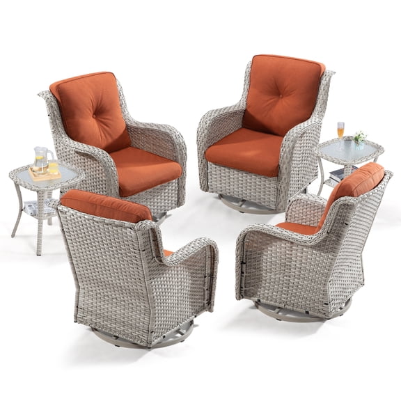 Meetleisure 6-Piece Outdoor Swivel Rocker Wicker Patio Chairs With Tables,White & Orange