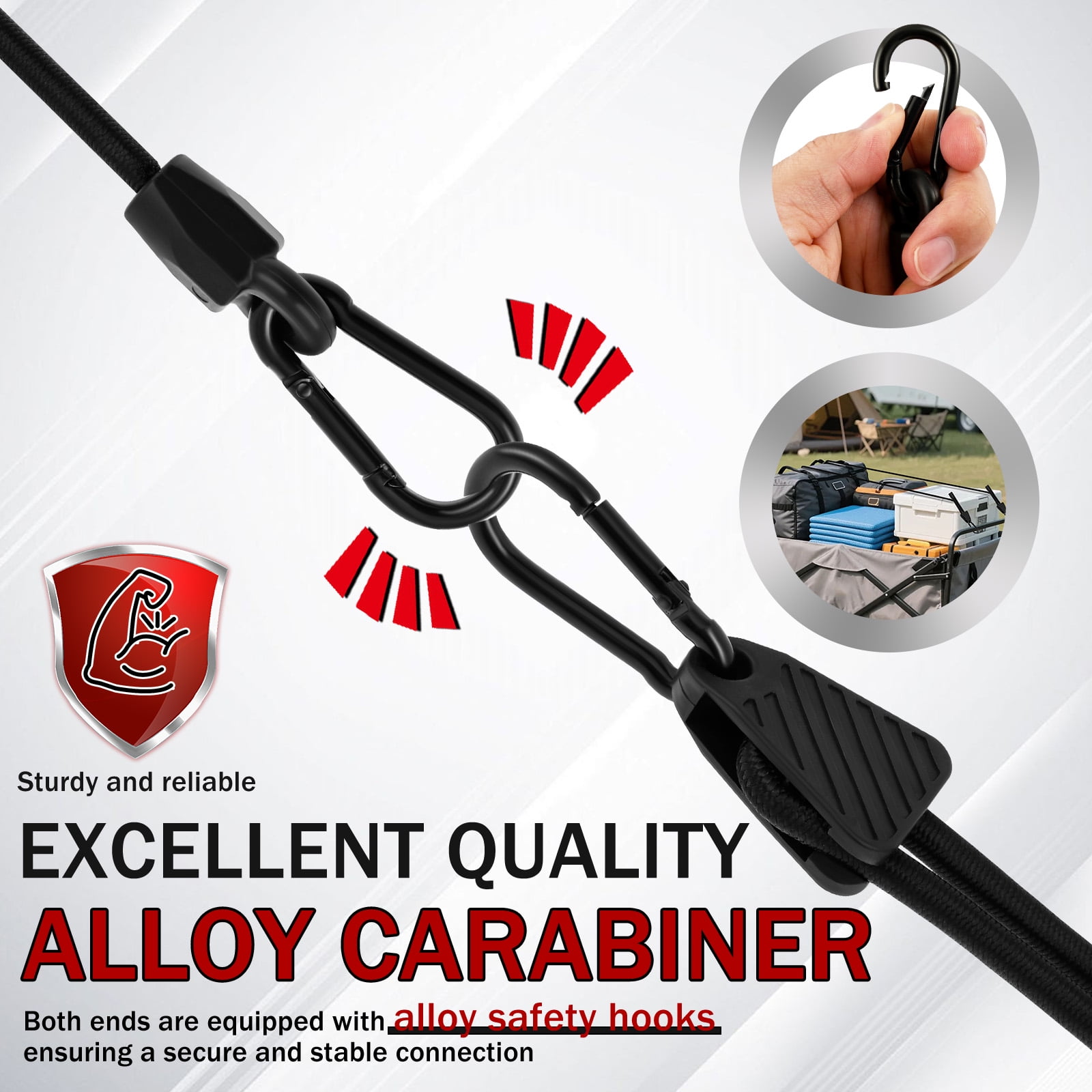 16Pcs 40/48“ Adjustable Carabiner Bungee Cord Set with Hook Adjust from 7 to 40/48 Inch Weather Resistant Black Elastic Bungee Strap for Outdoor Camping