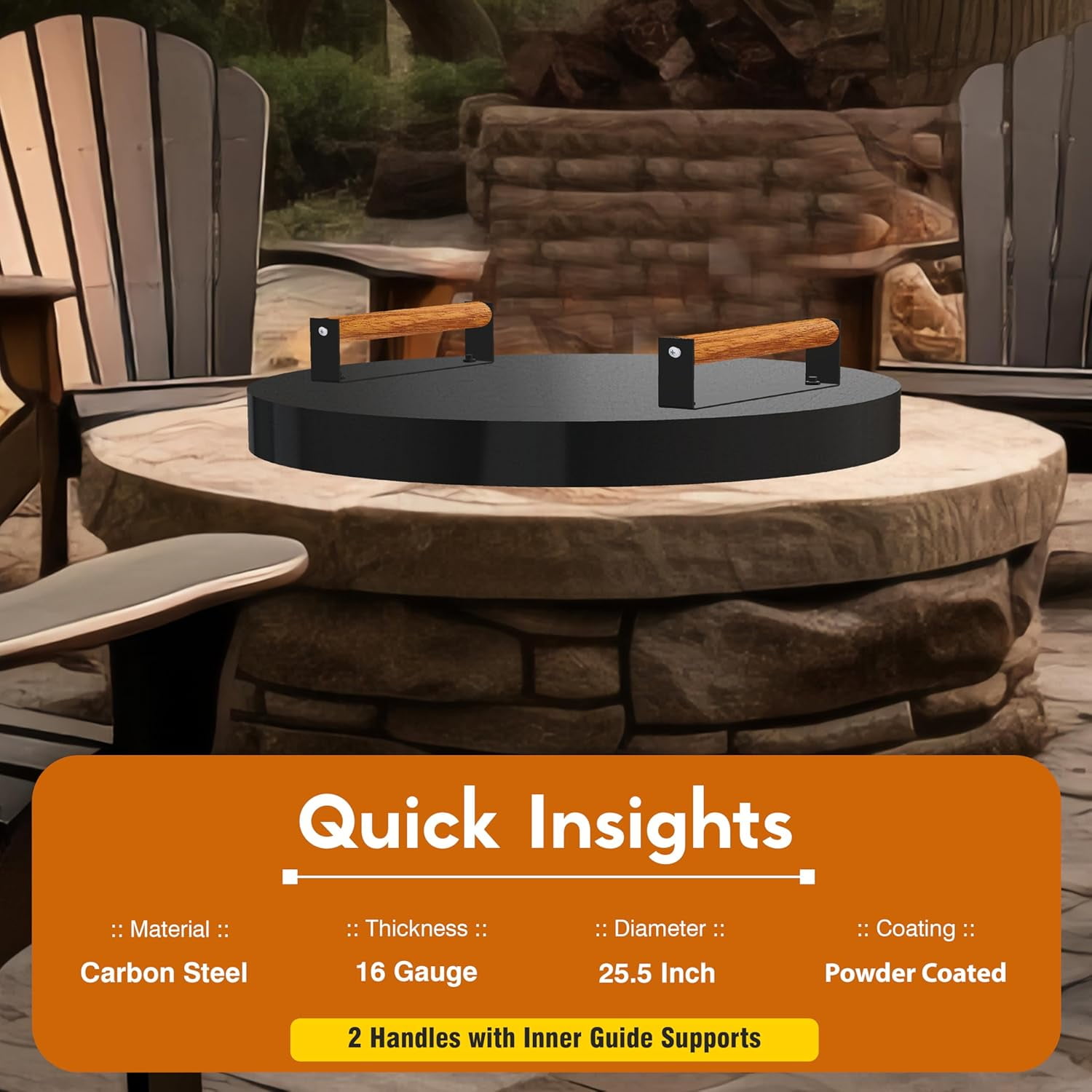 FEBTECH - Fire Pit Solid Cover Compatible with Fire Pit Inside Up to 23" - with 2 Wooden Handles