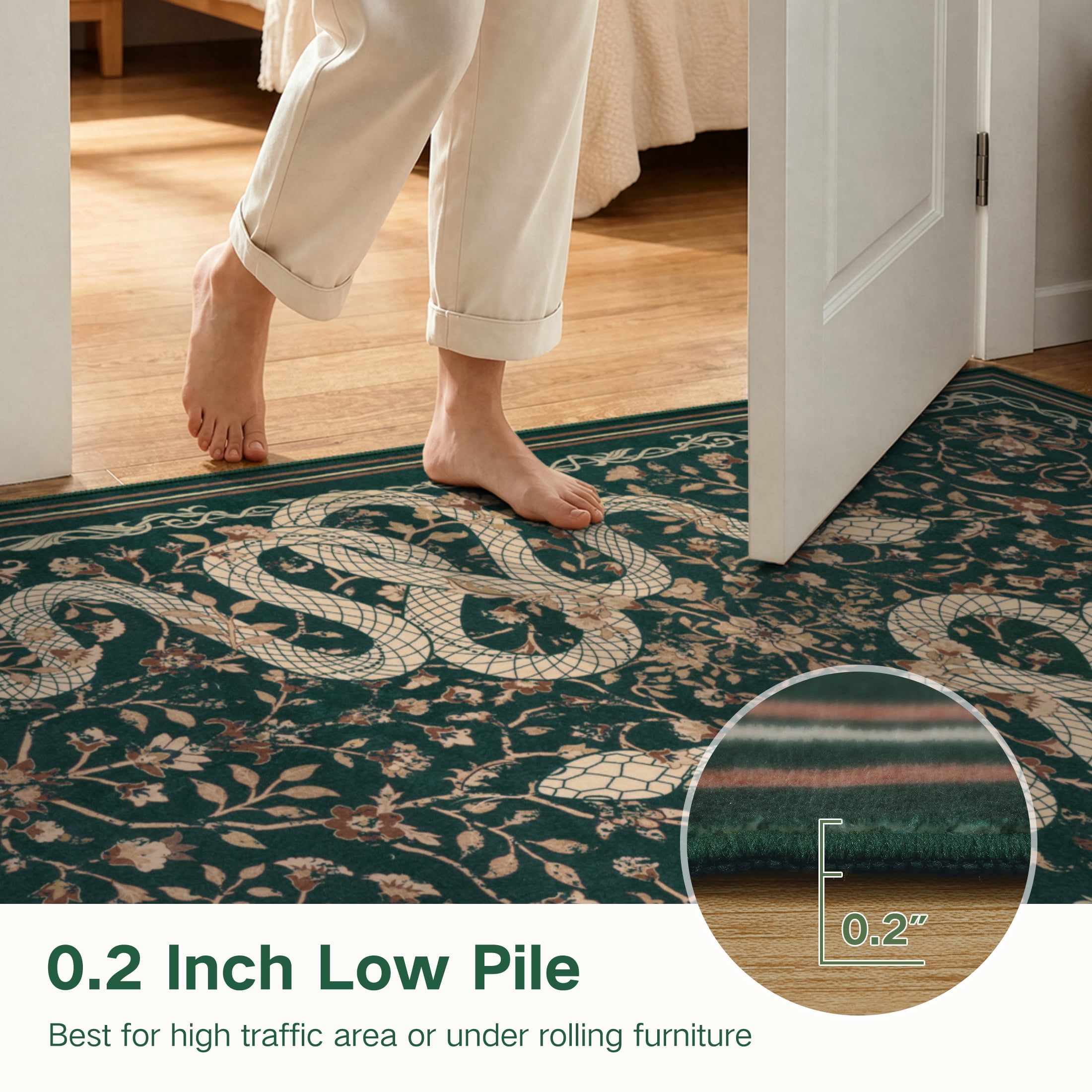 Moynesa Vintage Snake 8'x10' Large Area Rug for Living Room, Washable Green Floral Rug Cottage Botanical Accent Carpet for Bedroom Dining Room Sunroom Non Slip Stain Resistant Low Pile