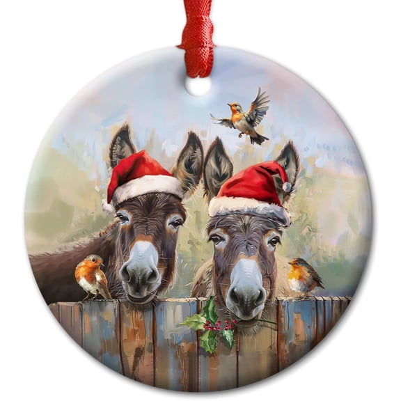 Donkey Christmas Ceramic Ornaments - Holly Peeking Donkeys Farm Animals Ornament for Xmas Tree Decor - Funny Farmhouse Gift for Boys, Girls, Families, Neighbors and Friends. undefined