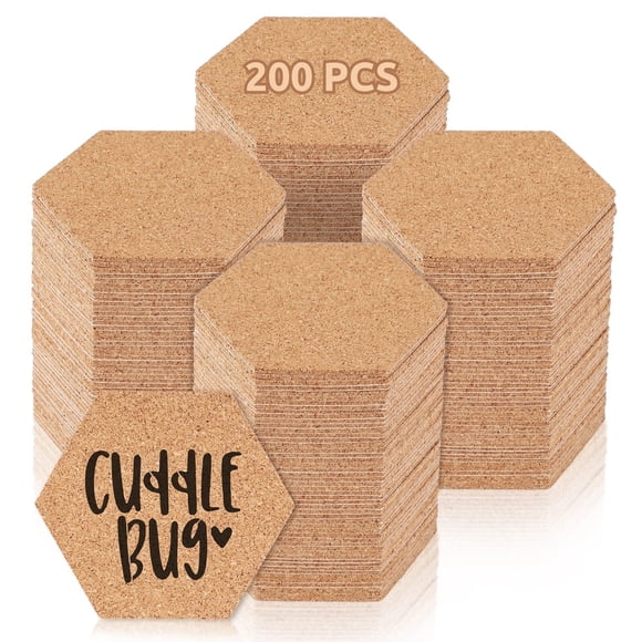 200 PCS Cork Coasters, Wooden Cup Pads for Drink Absorbent, DIY Hexagon Blank Coasters, Bulk Tea or Coffee Coaster Set, 4-Inch Wooden Thick Cork Coasters for Wine Glass Cup Mug DIY Office Home