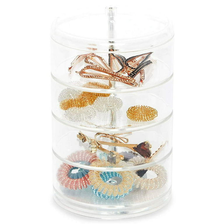 Juvale 4-Tier Clear Plastic Jewelry Storage Box, Stackable Hair Accessories Organizer for Girl's Hair Ties, Clips, Bows, 4.5 x 6.9 in