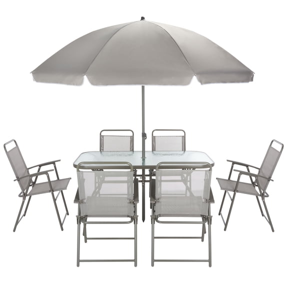 SAFAVIEH Laurenti Outdoor Patio 8 Piece Dining Set with Umbrella, Grey