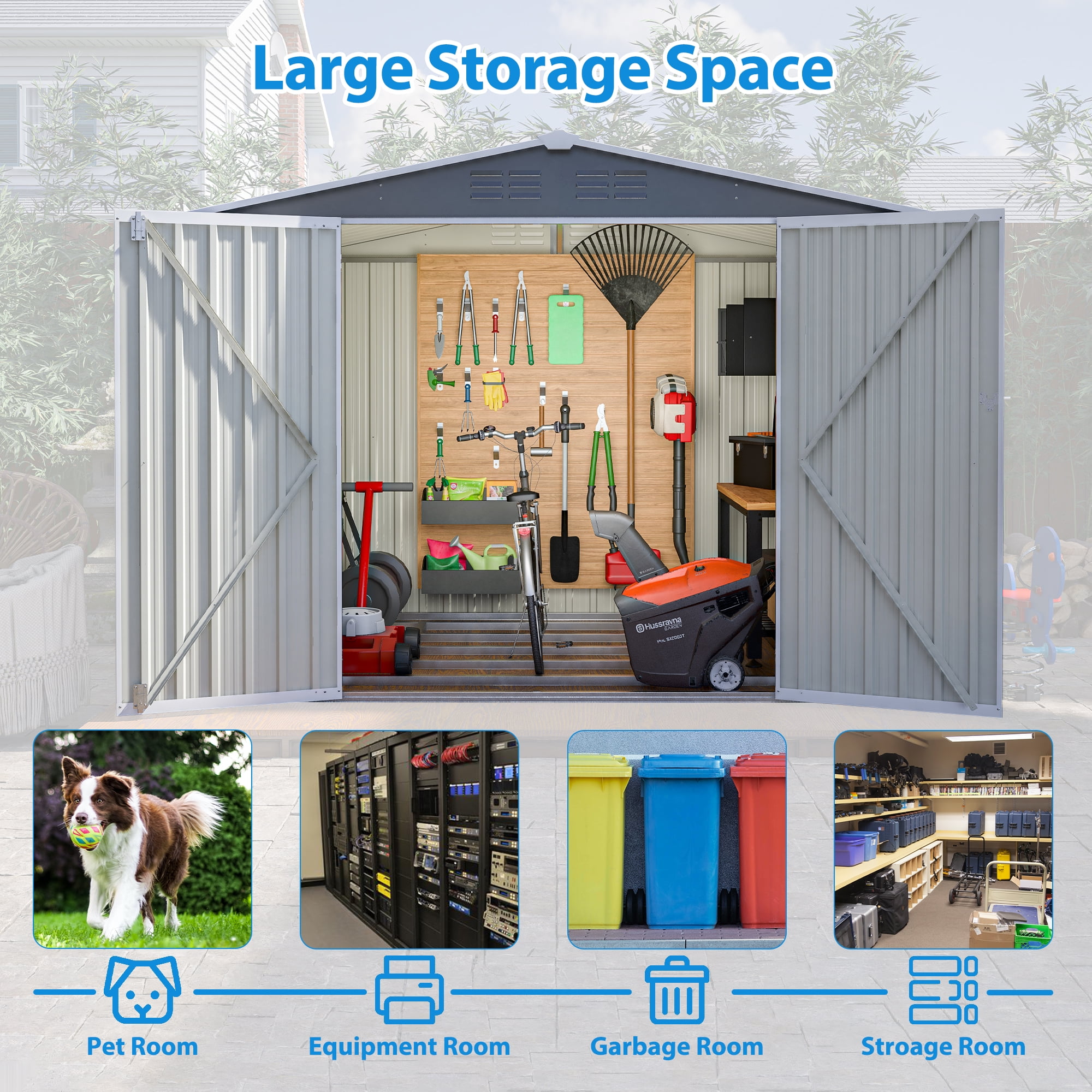 LIVIVOX 8 x 6 FT Outdoor Waterproof Garden Tool Storage Sheds with Metal Foundation with Floor Frame, Tool Shed with Lockable Hinged Doors & Air Vents, Storage House Waterproof