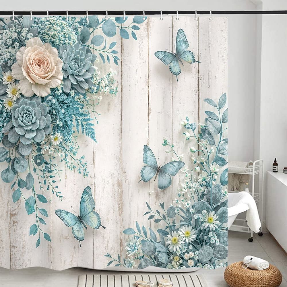 Blue Floral Shower Curtain - Farmhouse Rustic Rose Butterfly Bathroom Curtain Boho Botanical Waterproof Fabric Set with 12 Hooks,70X85in