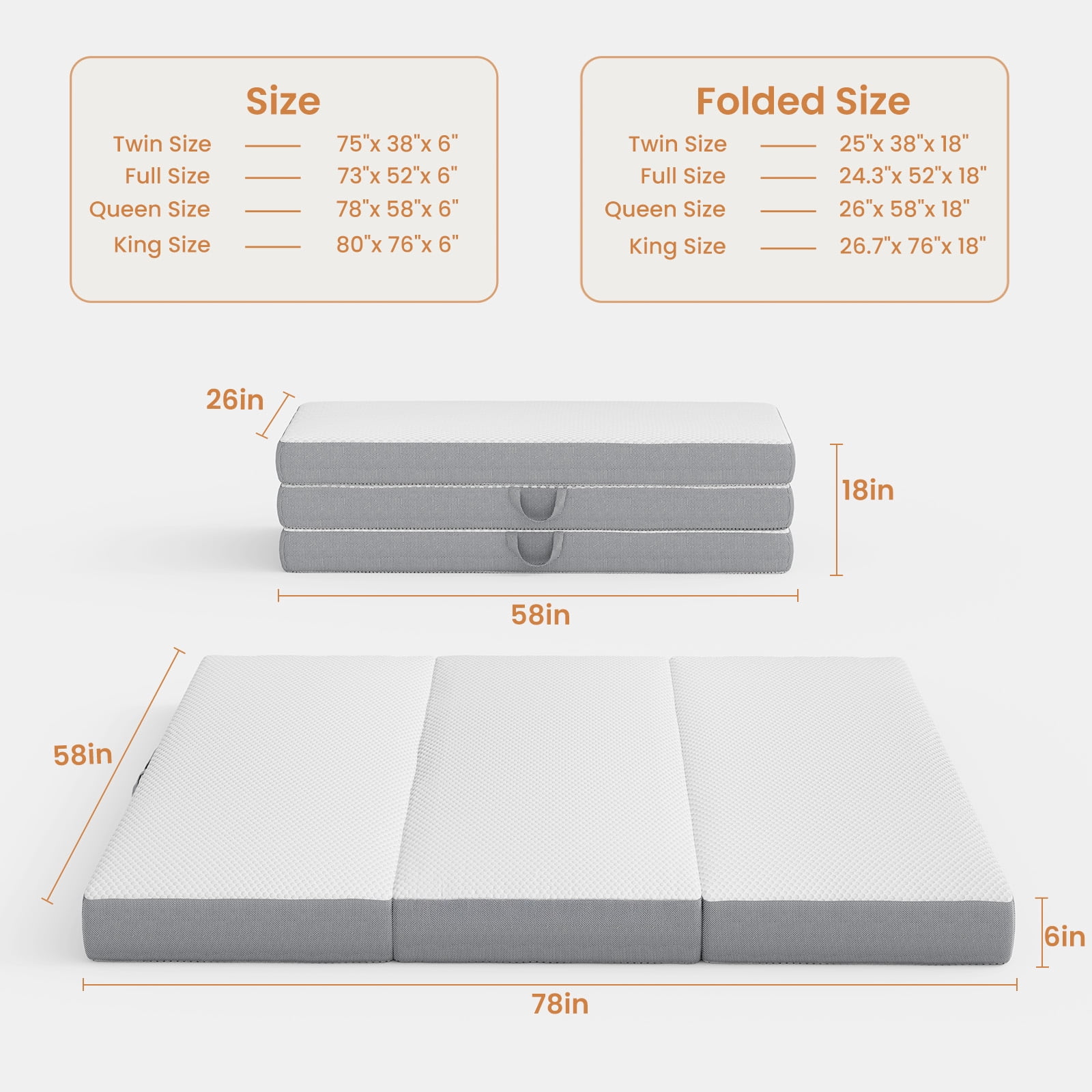 VKLIVING Tri-Fold Memory Foam Mattress,6 Inch Portable Floor Mattress with Washable Cover, Non-Slip Bottom & Breathable Mesh Sides for Guest Bed, Camping, Home, RV