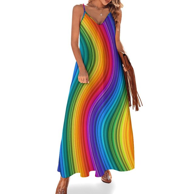 Vestido arcoíris abstracto con forma de onda líquida, vestido largo de fiesta, ropa de calle, bohemio, para playa, verano, cuello en V, vestido de gran tamaño
