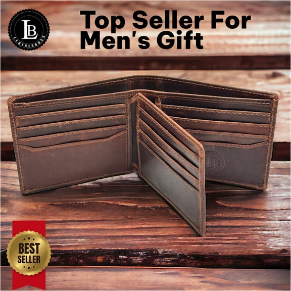 RFID Bifold Leather Wallet For Men with Flip Up ID in Vintage Buffalo Brown