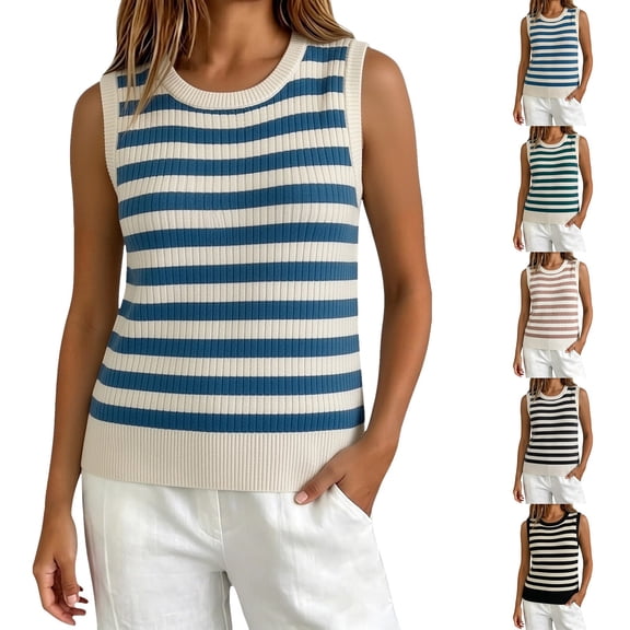Lumistal Women's Knit Tank Top Striped Sleeveless Top for Women Breathable Round Neck Slim Fit Summer Sweaters for Women Sweater Tank Top S-4XL Green M