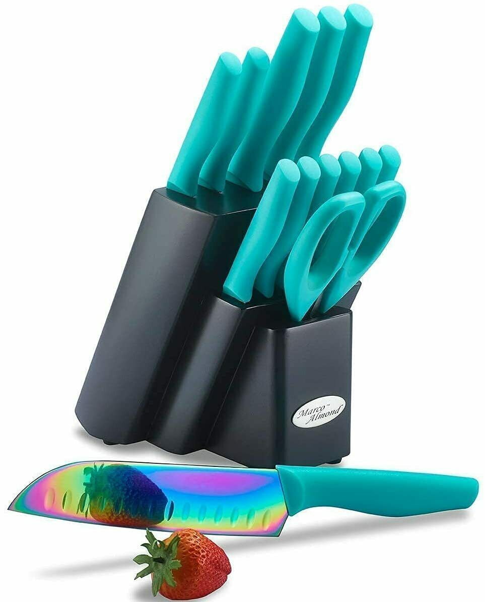 Kitchen Knife Set DISHWASHER SAFE Marco Almond  KYA27 14PC Rainbow Kitchen Knife Block Set,Titanium Cutlery Knife Set,Teal