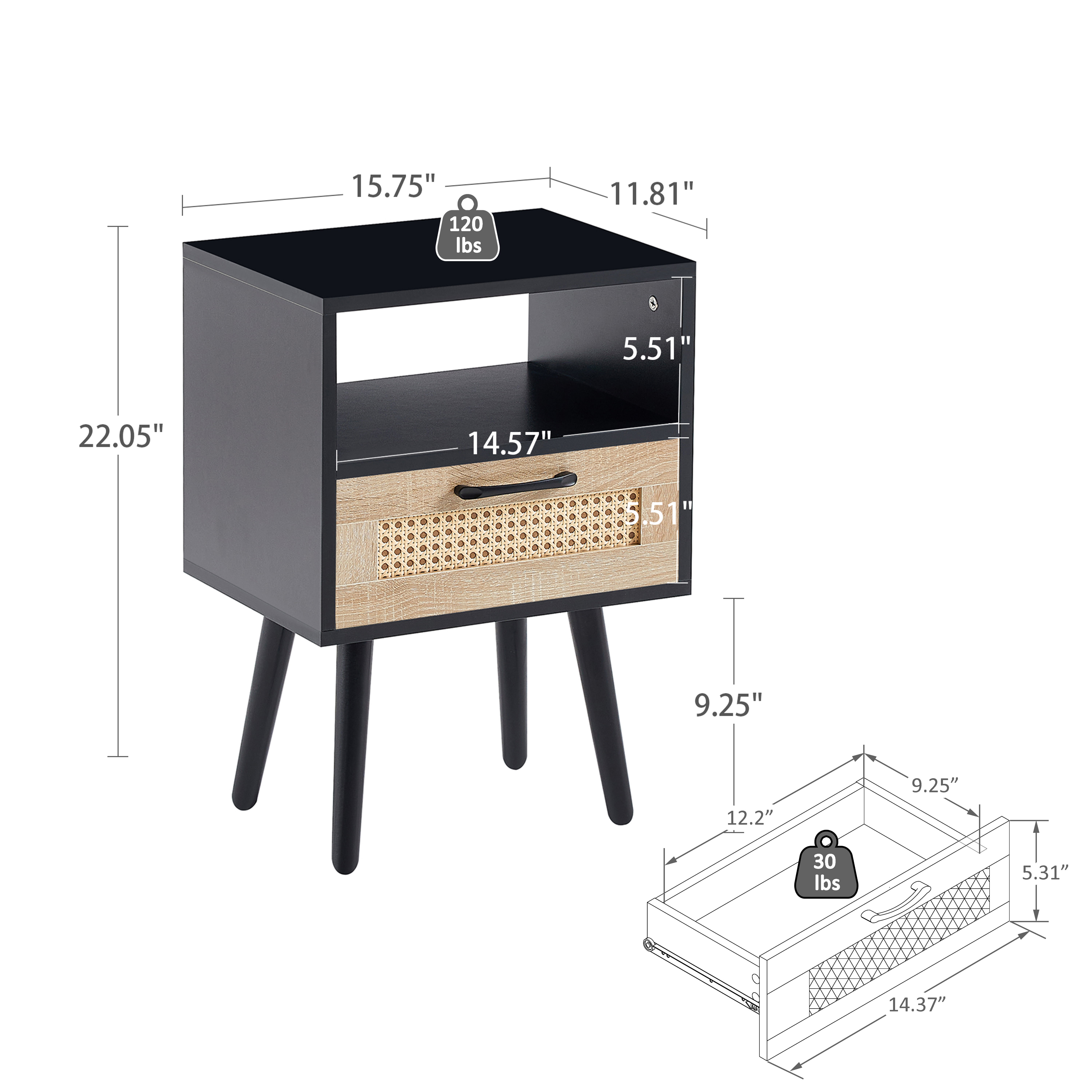 15.75" Rattan End table with drawer and solid wood legs, Modern nightstand, side table for living room, bedroom, black