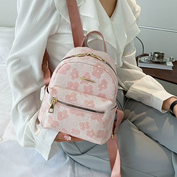 Lutabuo Fashion Flower Print Pure Small Backpack For Girls Casual Soft Canvas School Bag Pink