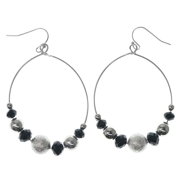 Silver-Tone Hoop Earrings With Ball and Faceted Bead Accents For Women TME813